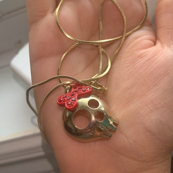Skull necklace Gold skull with red bow Brazilian Gold - Picture 4 of 7